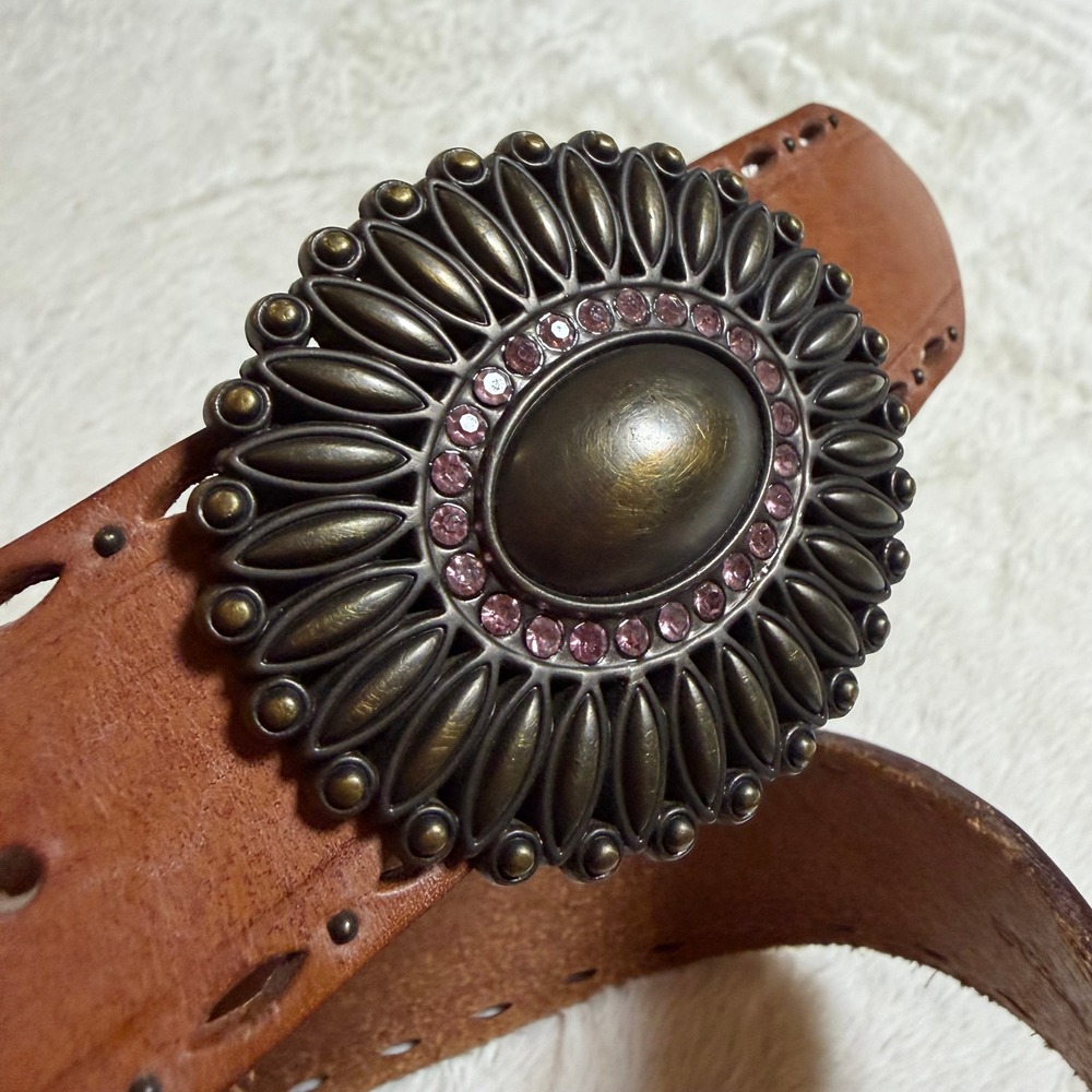 Fossil Leather Belt Womens Small Tan Brown Boho Sunflower Buckle BT2849 231 - Picture 3 of 8